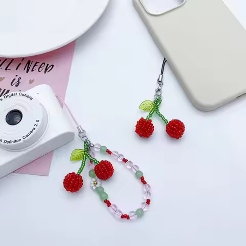 Beaded Y2K Mobile Phone Charms Anti Lost Short Summer Cherry Pendant Korean Key Ring Cherry Phone La