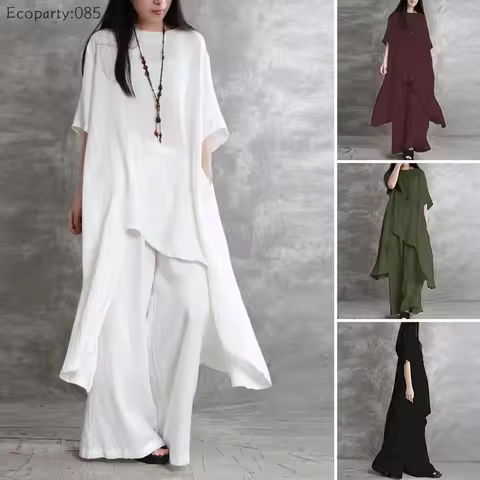 Spring Summer Women's Cotton Linen 2-piece Sets Large Size Casual Wear Suit Short-Sleeved O-Neck Top