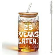 Yellow Cartoon Cute Glass Cups,25th Birthday Gifts for Women Men,Flowers and Bubbles with Bamboo Lid