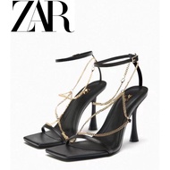 Zara's Summer New Style Women's Shoes Black Chain Detail Decoration Leather Fashion High Heel Sandals