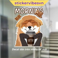 Decal Sticker, Funny Animal - Cute Fox and Coffee, glass decor, baby room, glass door, shop, SA118