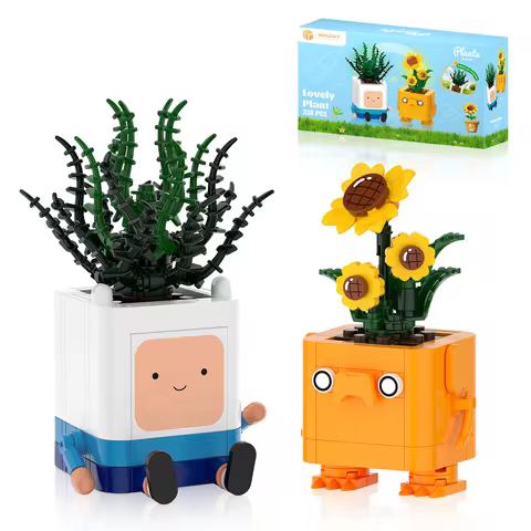 Adventure Time Happy Plants Building Block Set - Succulent & Sunflower Desk Decor, Lego-Compatible,