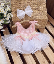 [Kèm Turban] Body váy phối ren chấm bi cho bé gái từ 3-10Kg chất đũi hàn BV004