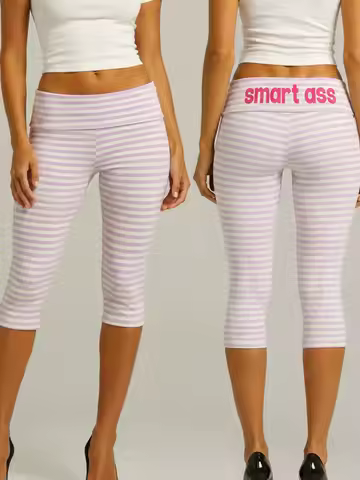 Cross border European American striped print mid low waist capri pants pants spicy girl casual sport