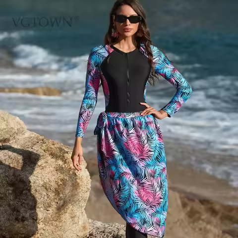 2pcs New Burkini Femmes Muslim Modest Swimwear Long Sleeved with Rose Red Gauze Swimsuits Arabic Swi