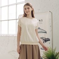 [CUMAR] Round Neck Sleeved Cotton Embroidered Top White Apricot
