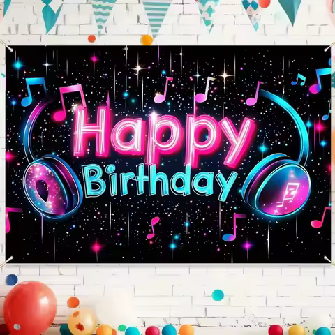1pc TikTok-themed birthday banner - A vibrant neon party background with sparkling stars and notes, 