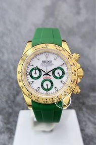 【定制】Seiko Mod Quartz Chronograph Watch 40mm 金殻白面綠膠帶地通拿 精工改裝石英計時鋼錶