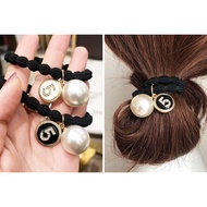 Korean Retro Fashion Chanel Style Number 5 Rhinestone Pearl High Elastic Hair Tie Ponytail Ball Ring