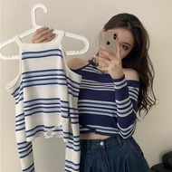 Off shoulder careful machine design sense long sleeve sweater 2025 new autumn women's slim neck stri