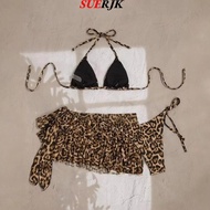 SUERJSG Women Swimsuit, Leopard Print Padded Beach Bikini, Fashion Push Up 3-Piece Set Bikini Set Be