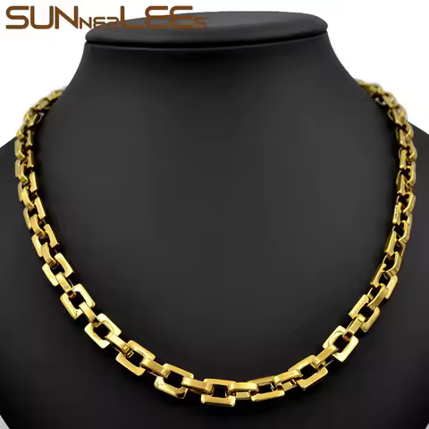 SUNNERLEES SC197 N 316L Stainless Steel Necklace 8mm Geometric Link Chain Gold Plated Silver Color M
