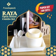 (100 SETS) Raya Open House Combo Set - 520cc Paper Bowl, 9oz Plain Paper Cups, Plain Food Tray, 16CM