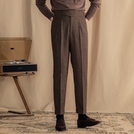Mr. Lusan Vintage Wool Herringbone Pattern Auger Casual Pants British Tweed Keep Warm High Waist Straight-Leg Pants Men