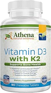 Athena - Vitamin D3 2000IU with K2 ( MK7 ) - 90 Chewable Tablets - Supports Immune System - Muscle E