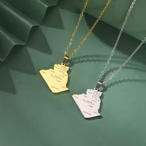 Dreamtimes Algeria Map City Name Necklace Pendant Stainless Steel Map of Algerian Chain Africa Count