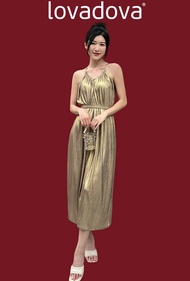 Đầm yếm maxi màu vàng gold kèm belt vải polyester Lovadova GD0701