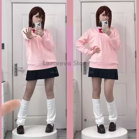 Momo Ayase Cosplay Costume Wig Anime Dandadan School JK Uniform Earrings Pink Sweater Skirt Hallowee