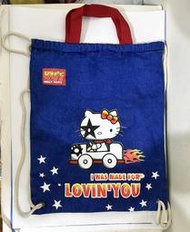 Hello Kitty X KISS樂團 牛仔束口後背包/束口袋/輕便背包/手提袋