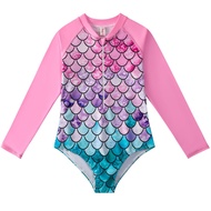 Kids Girls Long Sleeve Zipper On-Piece Swimsuit Cute Mermaid Swimsuit For 2 to 16