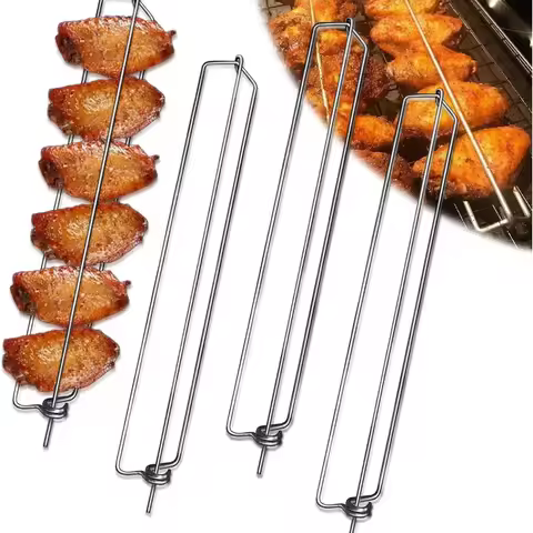 Flat BBQ Barbecue Skewer Sticks, Reusable Chicken Wing Rack BBQ Fork, BBQ Grilling Tool Set for Outd