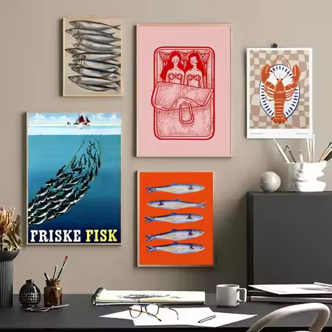 Colorful Sardine Lobster Fish Ocean Animal DIY Sticky Poster Whitepaper Prints Posters Artwork Nordi