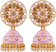 Bollywood Jewellery Traditional Ethnic Bridal Bride Wedding Bridesmaid Indian Beautiful Gold-Plated Bollywood Style Grey Meenakari Kundan Work Jhumka Earrings For Women