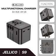 JELLICO หัวแปลงปลั๊กไฟ universal travel adapter S9 PD 2xUSB-C + 1xUSB 3.4A Max 2500W Black