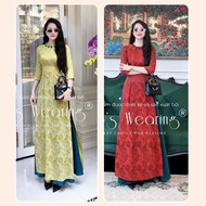 DB75 LEOSWEARING Silk brocade ao dai with round neck and buttons, half sleeves and blue silk pants