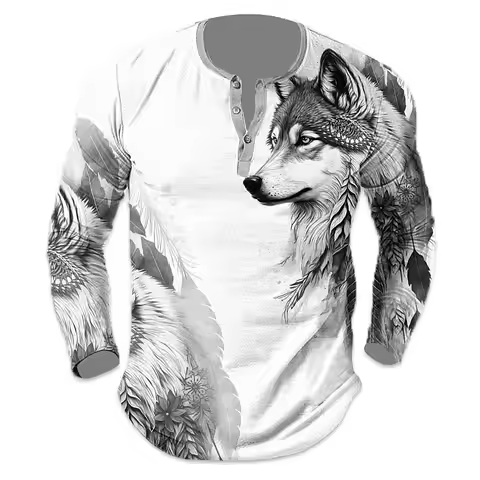 Spring Wolf Henley Shirts Animal 3D Print Streetwear Men's Casual Fashion Button-Down Long Sleeve T 