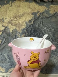 （全新有包裝）Winnie the Pooh 維尼小熊粉紅色湯碗瓷碗大湯碗連匙羹-可入微波爐