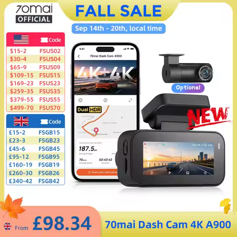 【New】70mai Dash Cam 4K A900 Dual True 4K&HDR Supercapacitor GPS Fatigue Alert Voice Control 4G LTE W