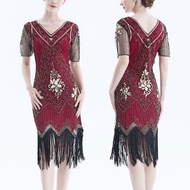 Women s Short Sleeve Party Retro Midi Tassel Dress Ladies Vintage Fringe Flapper Dress Dazzling Sequ