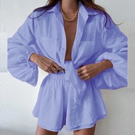 ผู้หญิงสบายๆ 2 ชิ้นชุดสีทึบแขนยาวปุ่มด้านบน 2 กระเป๋าและกางเกงขาสั้นนุ่มสบาย Homewear loungewear