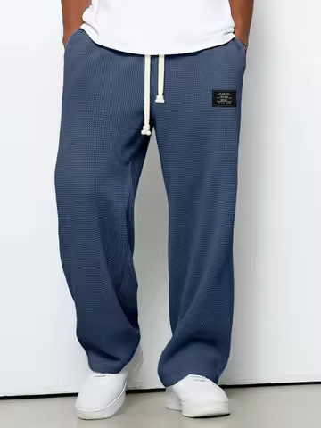 2026 New Mens Waffle Casual Pants Fashion Loose Fit Baggy Pants Straight Sweatpants Elastic Waist Dr
