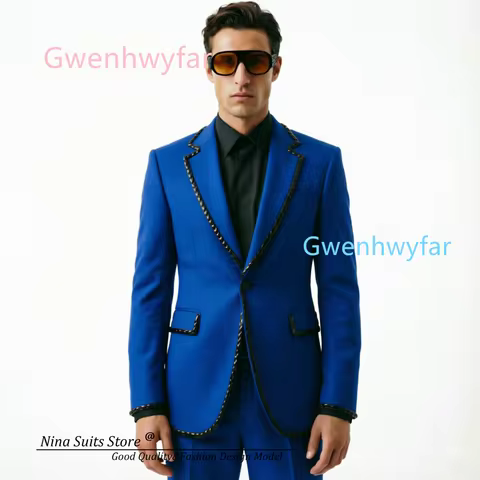 G&N 2026 Autumn New Men's Wedding Suit 2-piece set with Royal Blue Jacket and Pants Sweded with Blac
