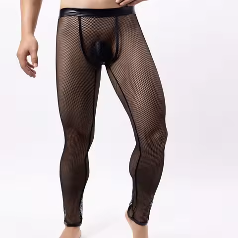 Hot Fishnet Mens Exotic Pants Ultra-thin Mesh Sheer Lounge Pouch Trousers Lightweight Tight Leggings