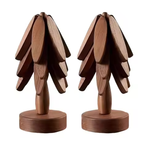2Sets Wooden Tree Coasters,Wooden Insulation Mat,Stackable Tree Coasters Set of 4, Black Walnut Triv