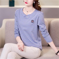 S-3XL Long Sleeve Versatile T-Shirt~Fashion Casual Temperament Korean Women's Striped Cotton Round N