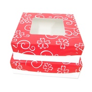 Pastry Cake Box 9x9x3, 10x10x3 inches Red Cover with Design and Window, White Body per piece