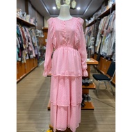 LONG DRESS Chiffon Dobby Pink - Ruffle Layered Pearl Button Sweet
