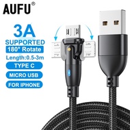 AUFU 180 Degree Rotation 3A Super Fast Charger Micro Type C Fast Charging Data Cord Quick Charger Cable 0.5/ 1/2/3M