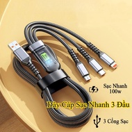 100W 3-Head Fast Charging Cable 1m2 Long Supports 3-in-1 Fast Charging