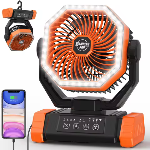A camping fan powered by a 40000 mAh battery, rechargeable fan, with LED lights, equipped with a rem