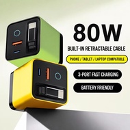Fast Charger 80W GaN PD Adapter Retractable Type-C Cable 3-in-1 Wall Charger for iPhone 15 14 13 Hua