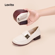 Lovito Soft Casual Plain Metal Buckle Versatile Temperament Soft Leather Comfortable Loafers for Wom