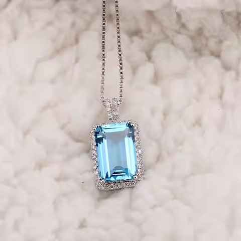 LANMI Topaz Pendants Emerald Cut 8x12mm Blue Topaz 14Kt White Gold Purity Beauty Pendant Necklace Ge