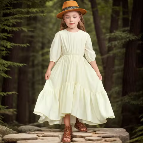 New Mid Sleeve Ruffled Girl Flower Dress Baby Wedding Princess Party Long Dress Youth Children Chris
