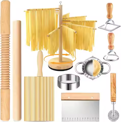 10 Pcs Pasta Making Tools, Pasta Making Kit with Pasta Drying Rack,2 Rolling Pins,Gnocchi Board,Past