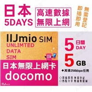 NTT docomo - IIJmio【日本】5天 5GB 高速4G 無限上網卡數據卡電話卡Sim咭 5日任用無限日本卡 (5GB FUP)